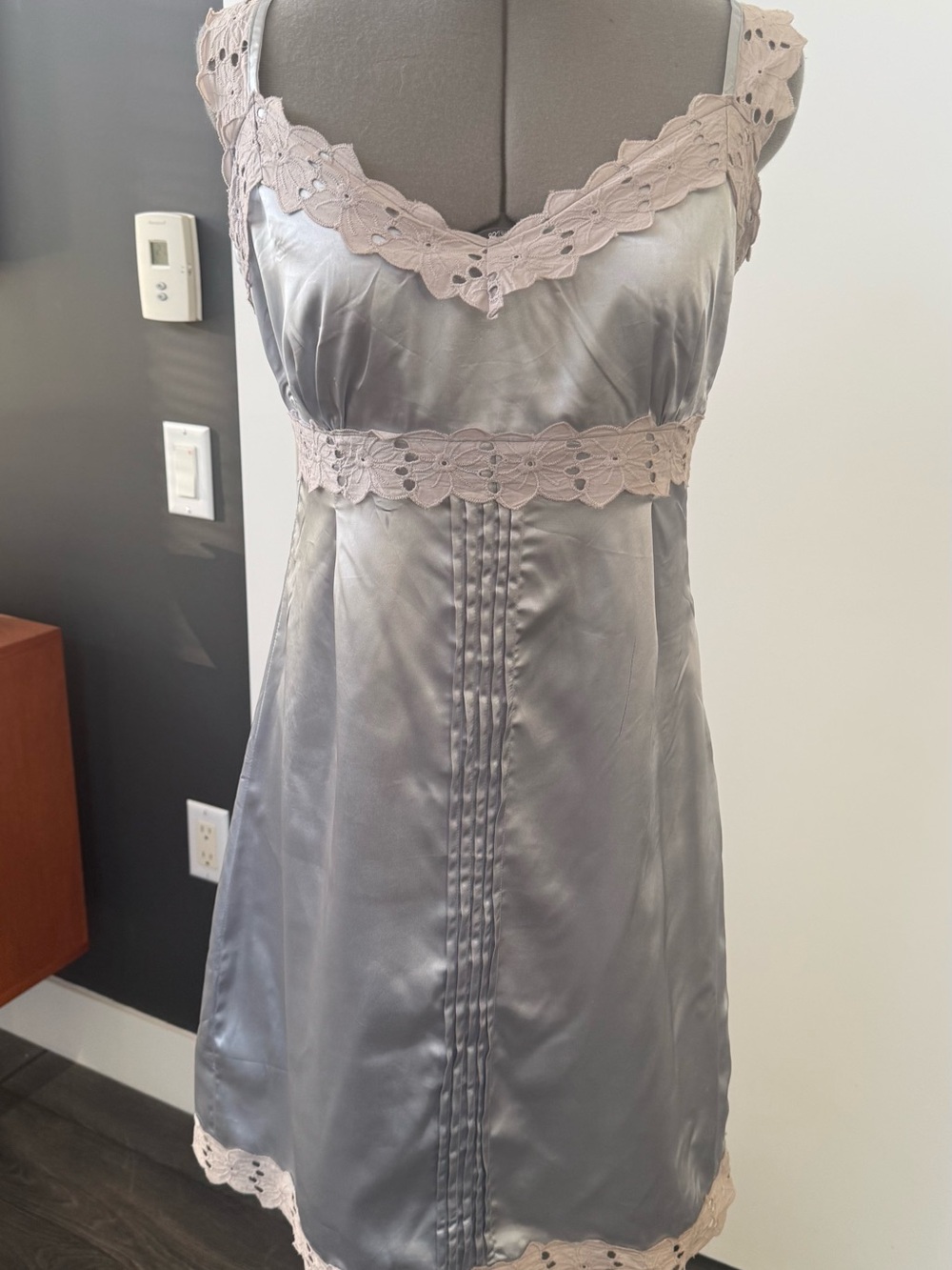 Catwalk Couture Silk Mini Dress with cotton lace Trim in light blue/grey